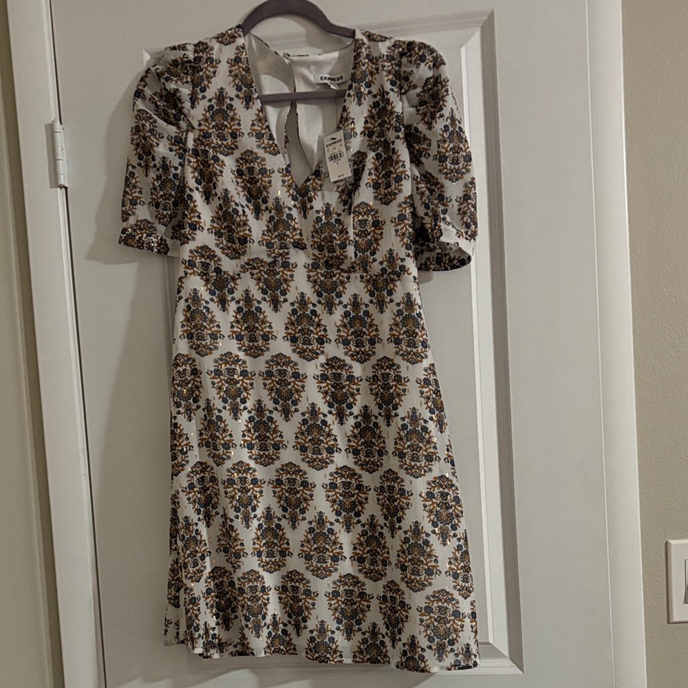 Express White and Brown Patterned Mini Dress